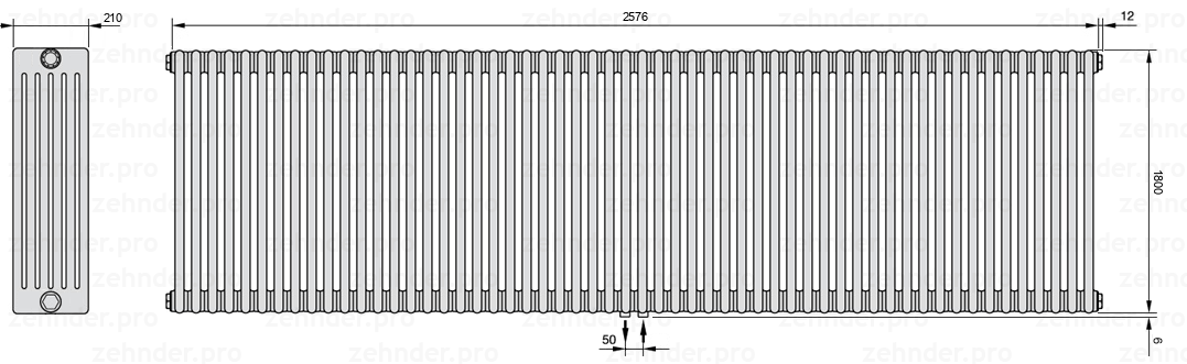 Схема (чертеж) Радиатор Zehnder Charleston 6180/56 №5410 Белый глянцевый RAL 9016
